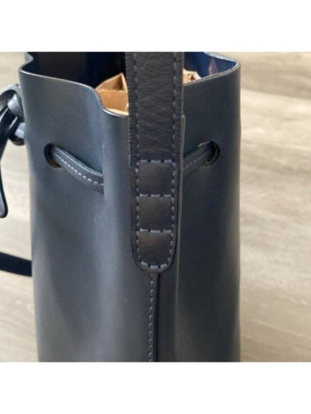 Mansur Gavriel Leather Bucket Bag Drawstring Navy Blue Gold Hardware Purse $695 - Picture 10 of 15
